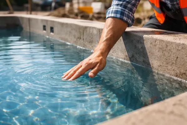 Проверка воды в бетонном бассейне на этапе строительства