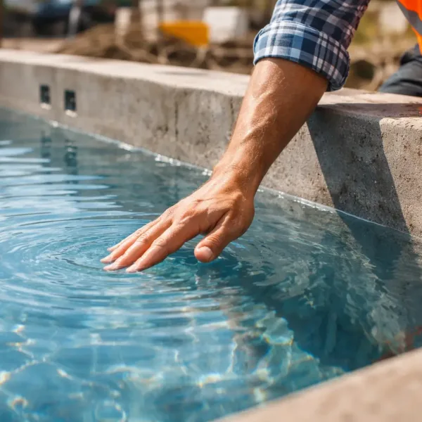 Проверка воды в бетонном бассейне на этапе строительства