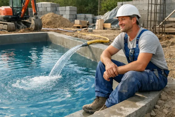 Первый запуск воды в бетонный бассейн