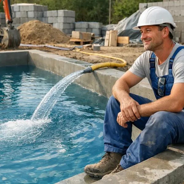 Первый запуск воды в бетонный бассейн